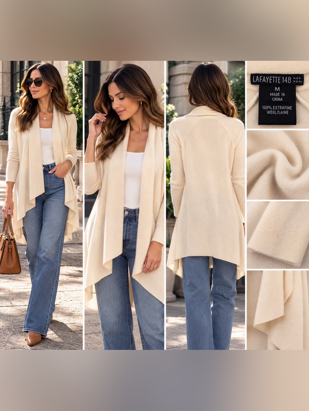 Open-Front Cream Draped Cardigan Sweater